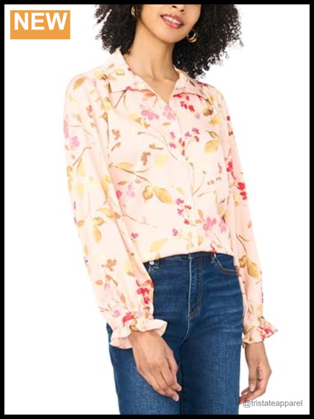 Women's Floral Long Sleeve Button Down Ruffle Cuff Blouse